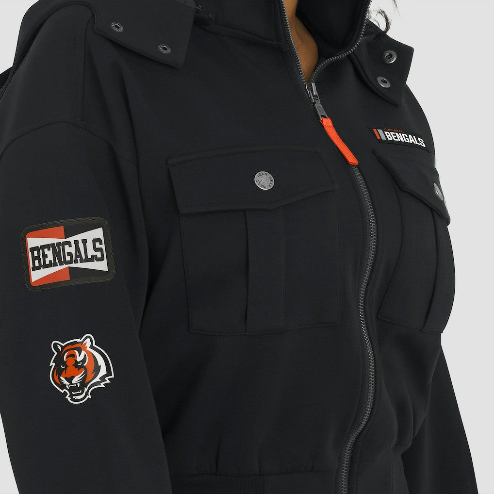 Cincinnati Bengals WEAR by Erin Andrews Women's Tri-Blend Patch Pocket Cropped Full-Zip Bomber Hoodie Jacket Black - NFL