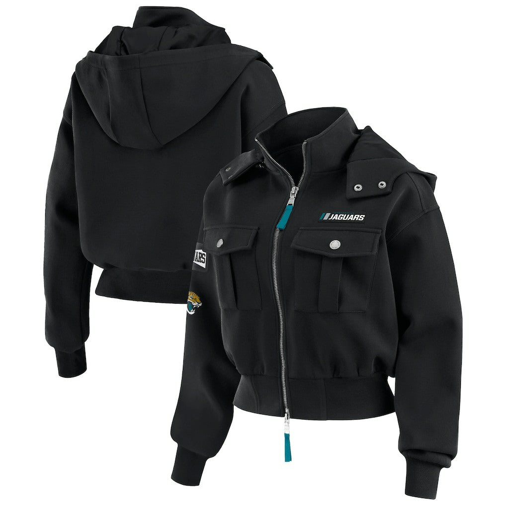 Jacksonville Jaguars WEAR by Erin Andrews Women's Tri-Blend Patch Pocket Cropped Full-Zip Bomber Hoodie Jacket Black - NFL