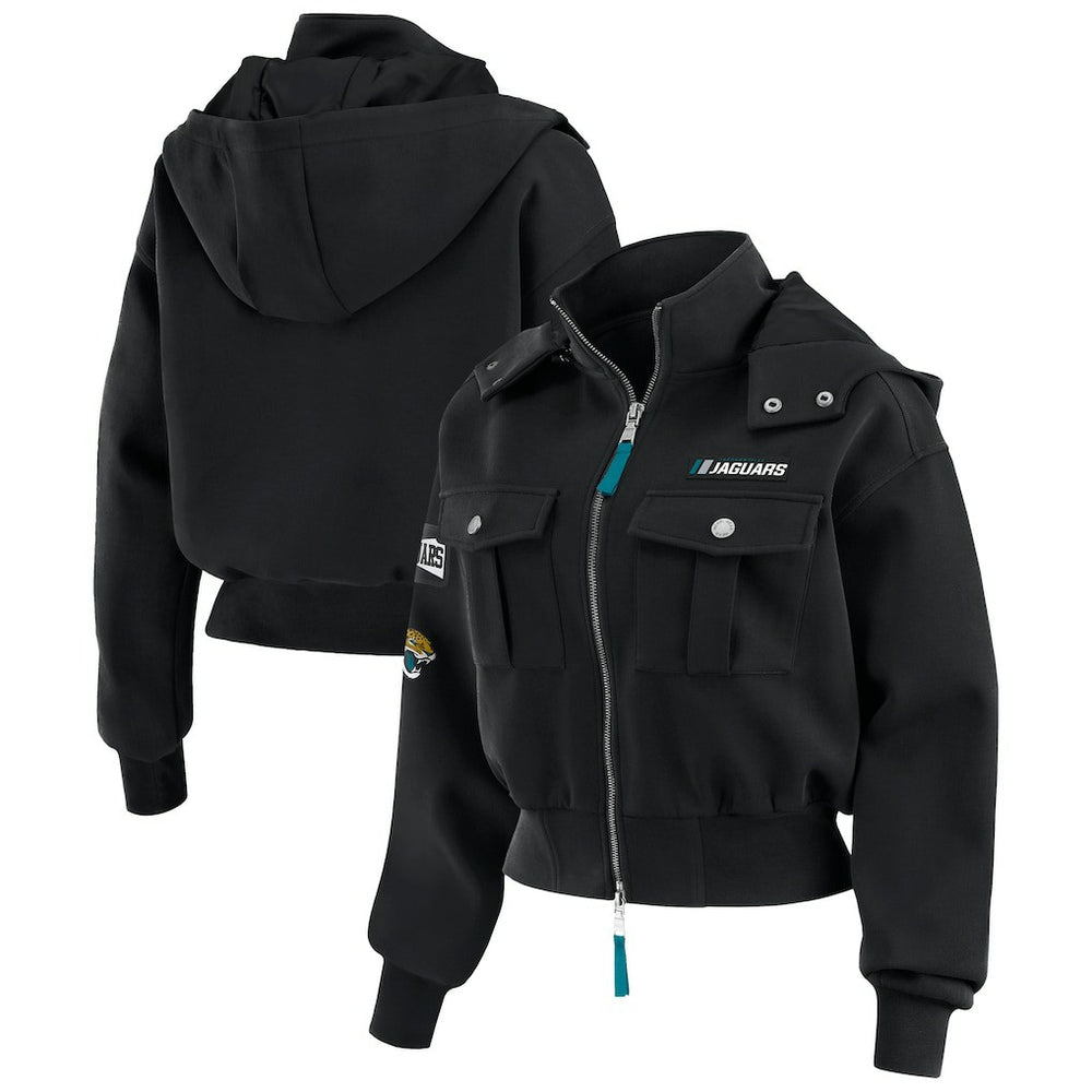 Jacksonville Jaguars WEAR by Erin Andrews Women's Tri-Blend Patch Pocket Cropped Full-Zip Bomber Hoodie Jacket Black - NFL