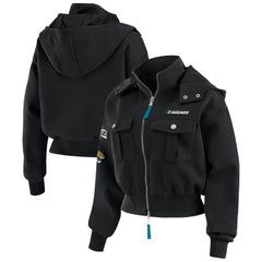 Jacksonville Jaguars WEAR by Erin Andrews Women's Tri-Blend Patch Pocket Cropped Full-Zip Bomber Hoodie Jacket Black - NFL