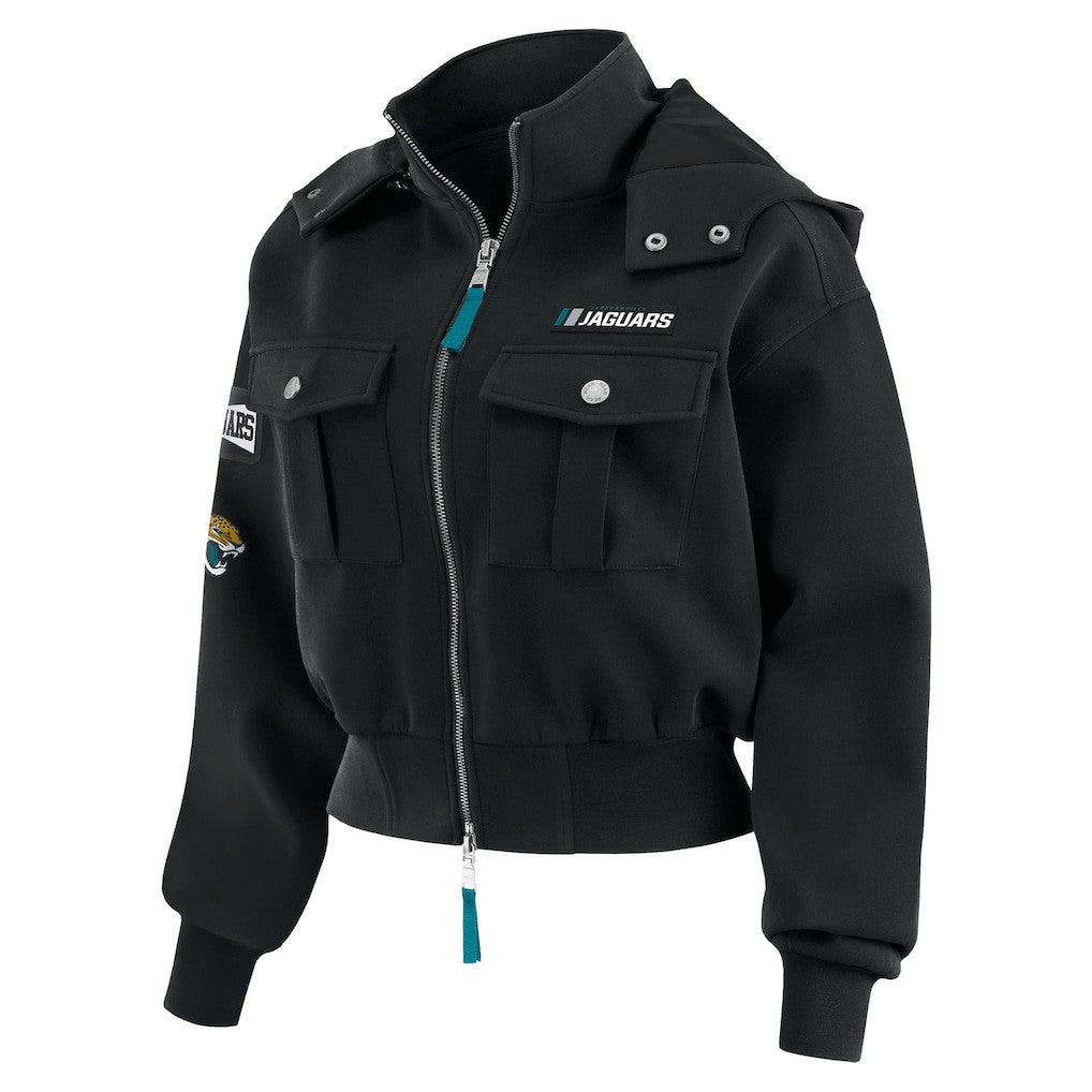 Jacksonville Jaguars WEAR by Erin Andrews Women's Tri-Blend Patch Pocket Cropped Full-Zip Bomber Hoodie Jacket Black - NFL