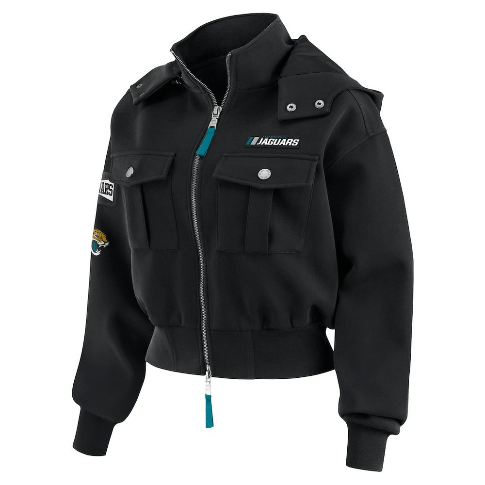 Jacksonville Jaguars WEAR by Erin Andrews Women's Tri-Blend Patch Pocket Cropped Full-Zip Bomber Hoodie Jacket Black - NFL