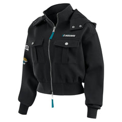 Jacksonville Jaguars WEAR by Erin Andrews Women's Tri-Blend Patch Pocket Cropped Full-Zip Bomber Hoodie Jacket Black - NFL