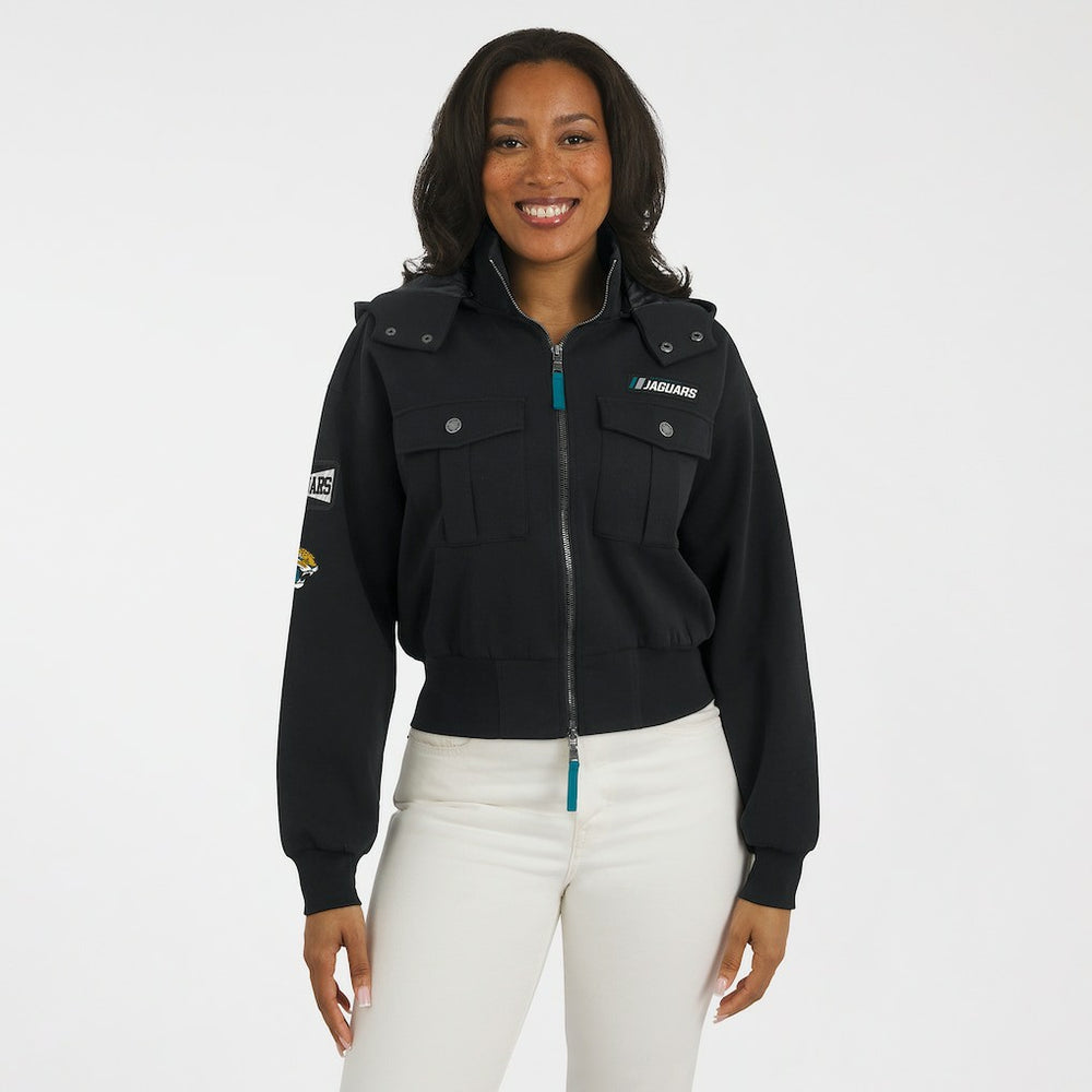 Jacksonville Jaguars WEAR by Erin Andrews Women's Tri-Blend Patch Pocket Cropped Full-Zip Bomber Hoodie Jacket Black - NFL