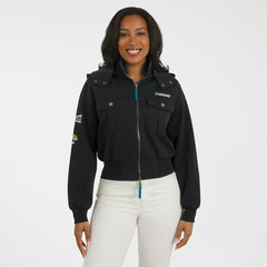 Jacksonville Jaguars WEAR by Erin Andrews Women's Tri-Blend Patch Pocket Cropped Full-Zip Bomber Hoodie Jacket Black - NFL