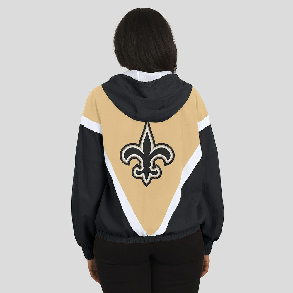 New Orleans Saints WEAR by Erin Andrews Women's Retro Crinkle Full-Zip Hoodie Windbreaker Gold/Black - NFL