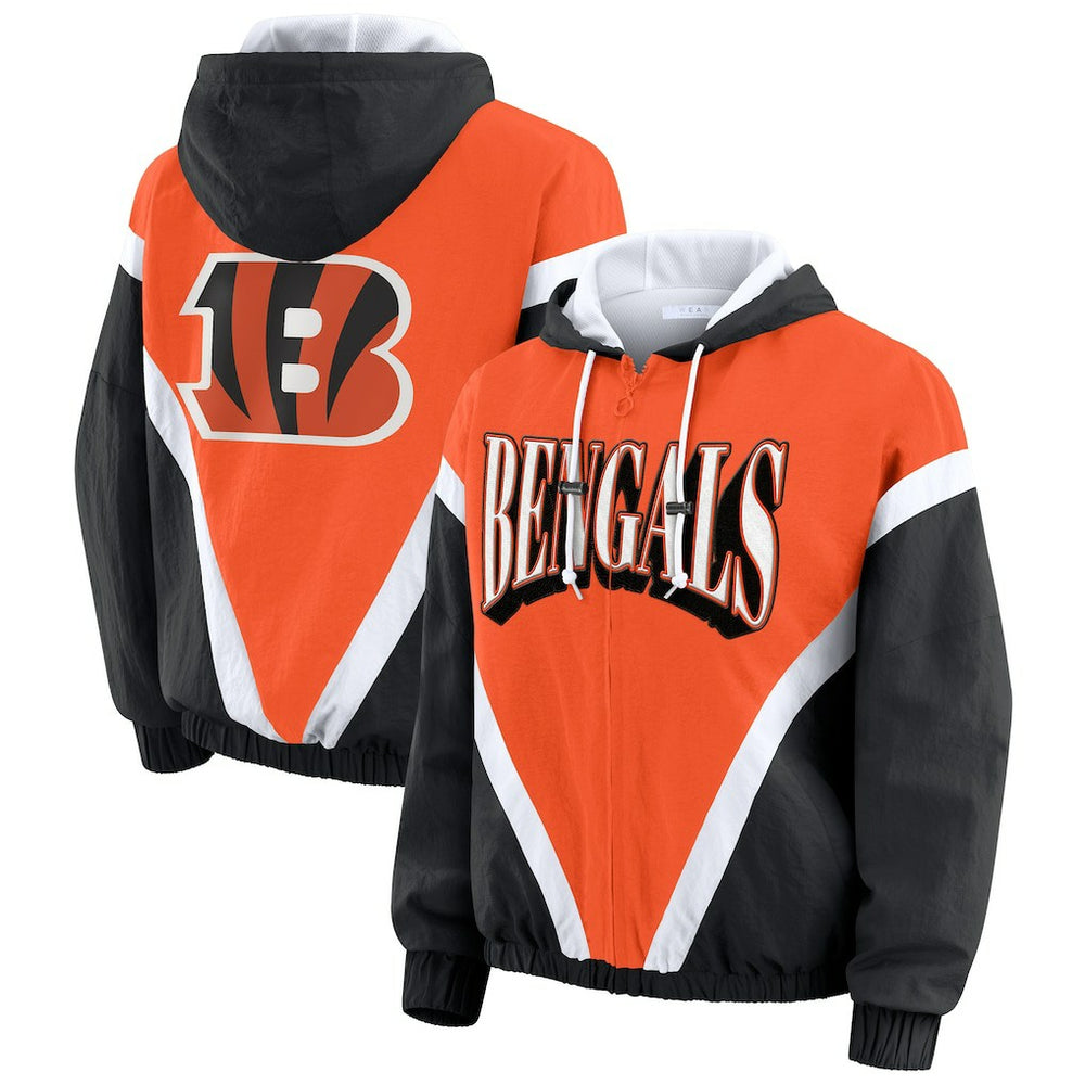 Cincinnati Bengals WEAR by Erin Andrews Women's Retro Crinkle Full-Zip Hoodie Windbreaker Orange/Black - NFL