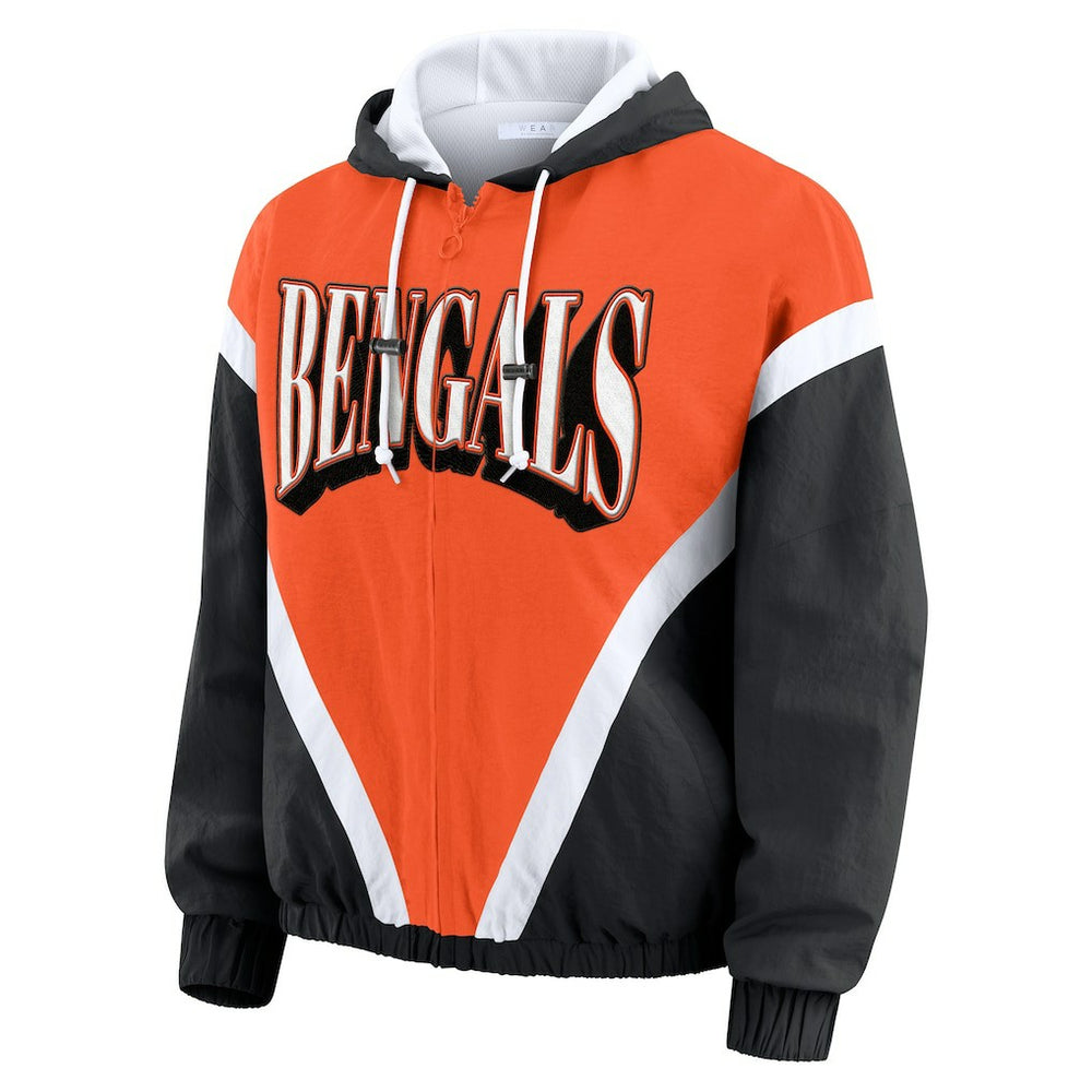 Cincinnati Bengals WEAR by Erin Andrews Women's Retro Crinkle Full-Zip Hoodie Windbreaker Orange/Black - NFL