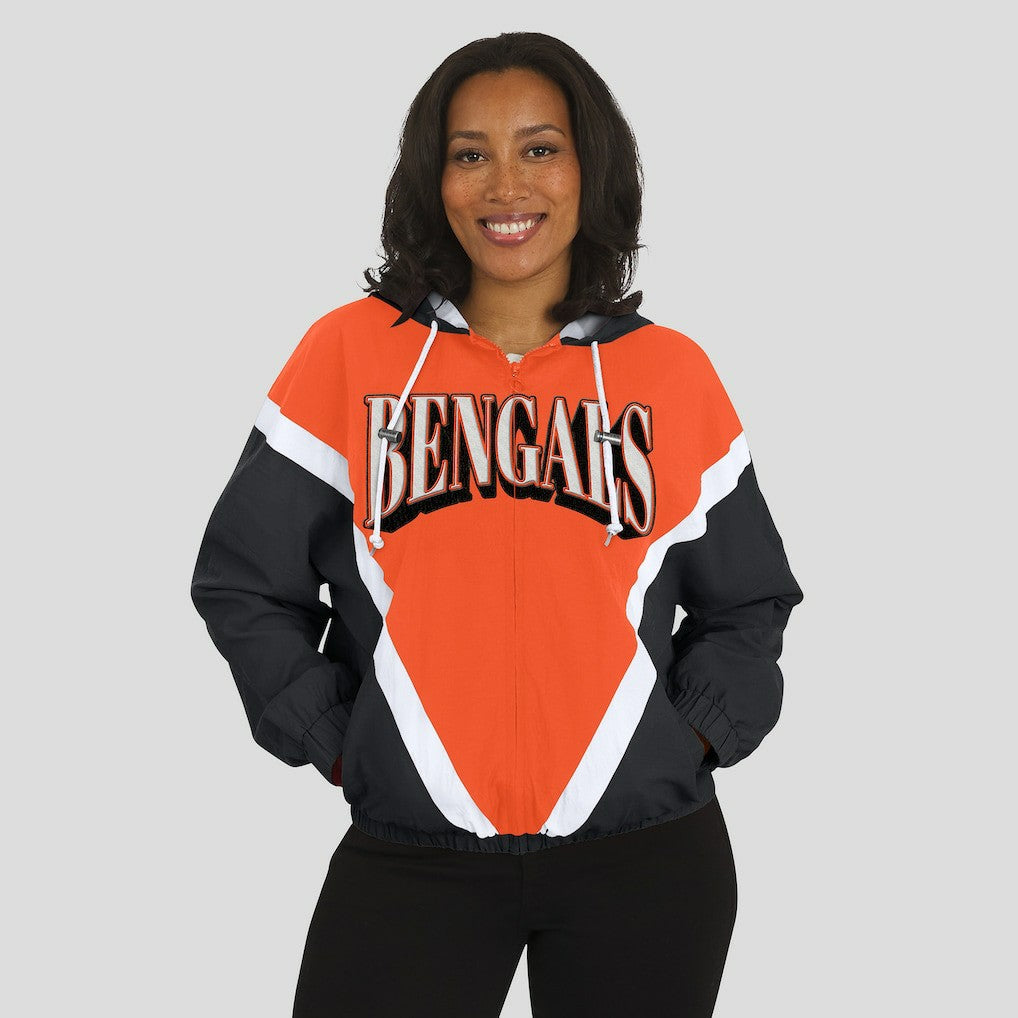 Cincinnati Bengals WEAR by Erin Andrews Women's Retro Crinkle Full-Zip Hoodie Windbreaker Orange/Black - NFL