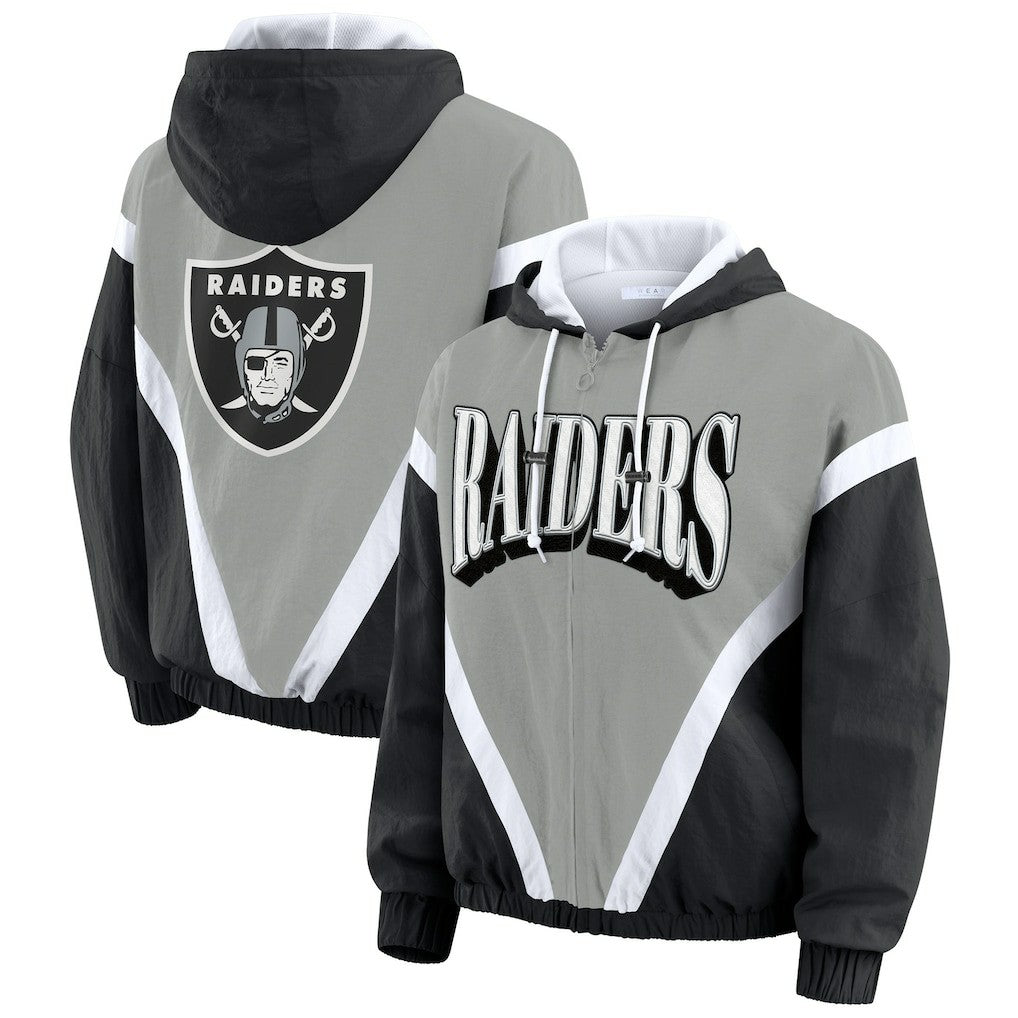 Las Vegas Raiders WEAR by Erin Andrews Women's Retro Crinkle Full-Zip Hoodie Windbreaker Black/Silver - NFL