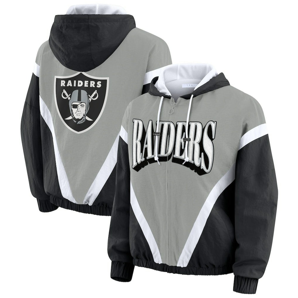 Las Vegas Raiders WEAR by Erin Andrews Women's Retro Crinkle Full-Zip Hoodie Windbreaker Black/Silver - NFL