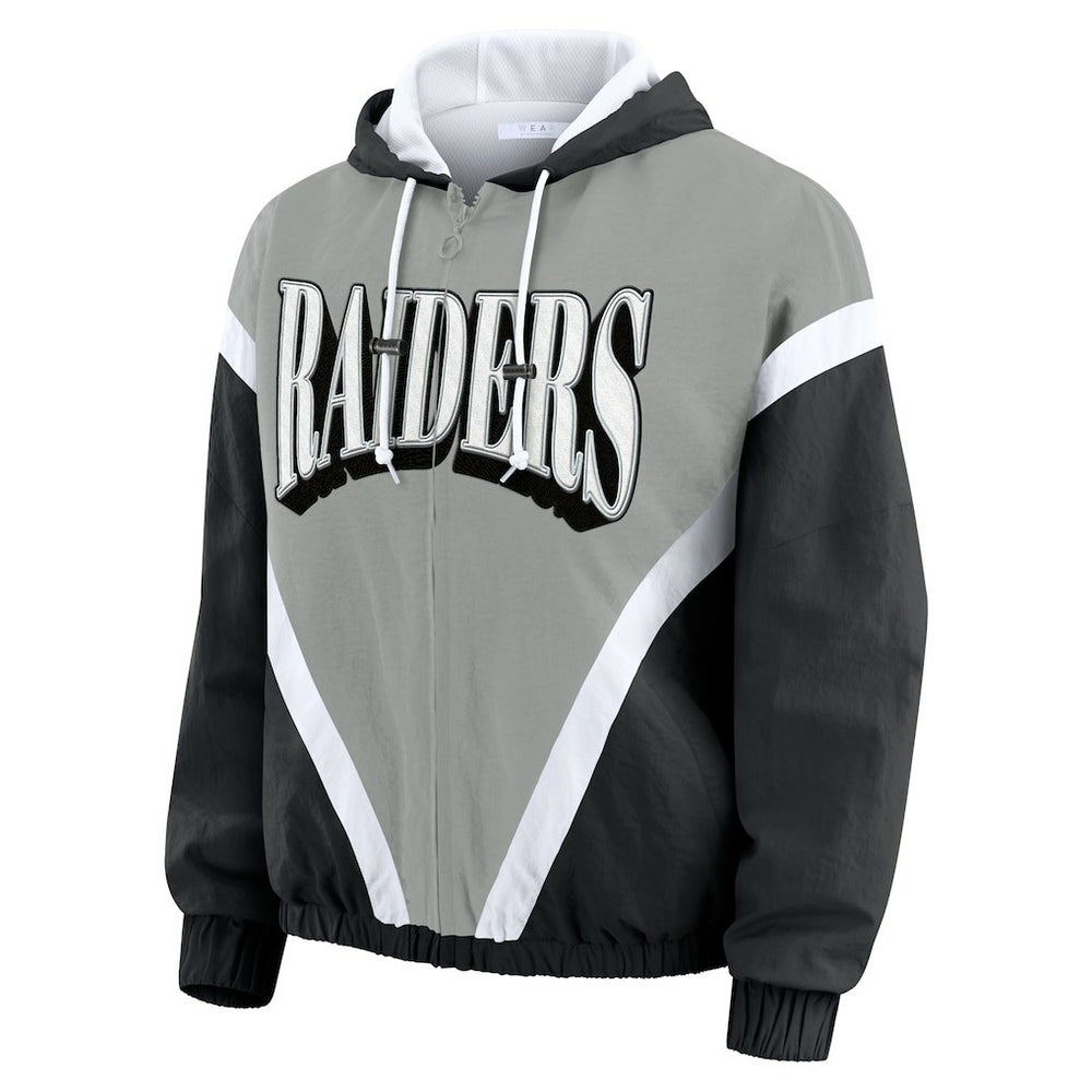 Las Vegas Raiders WEAR by Erin Andrews Women's Retro Crinkle Full-Zip Hoodie Windbreaker Black/Silver - NFL