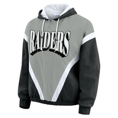 Las Vegas Raiders WEAR by Erin Andrews Women's Retro Crinkle Full-Zip Hoodie Windbreaker Black/Silver - NFL