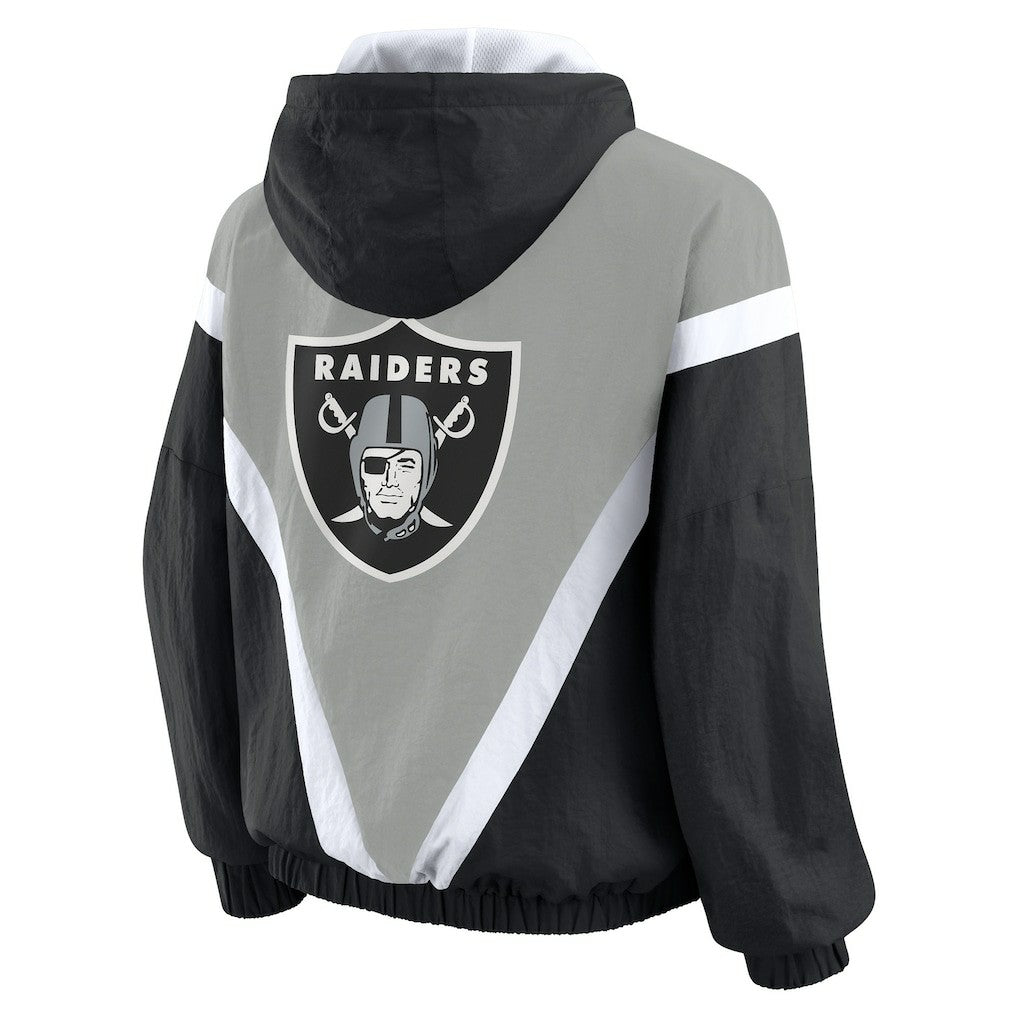 Las Vegas Raiders WEAR by Erin Andrews Women's Retro Crinkle Full-Zip Hoodie Windbreaker Black/Silver - NFL