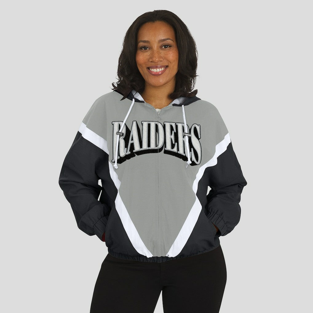 Las Vegas Raiders WEAR by Erin Andrews Women's Retro Crinkle Full-Zip Hoodie Windbreaker Black/Silver - NFL
