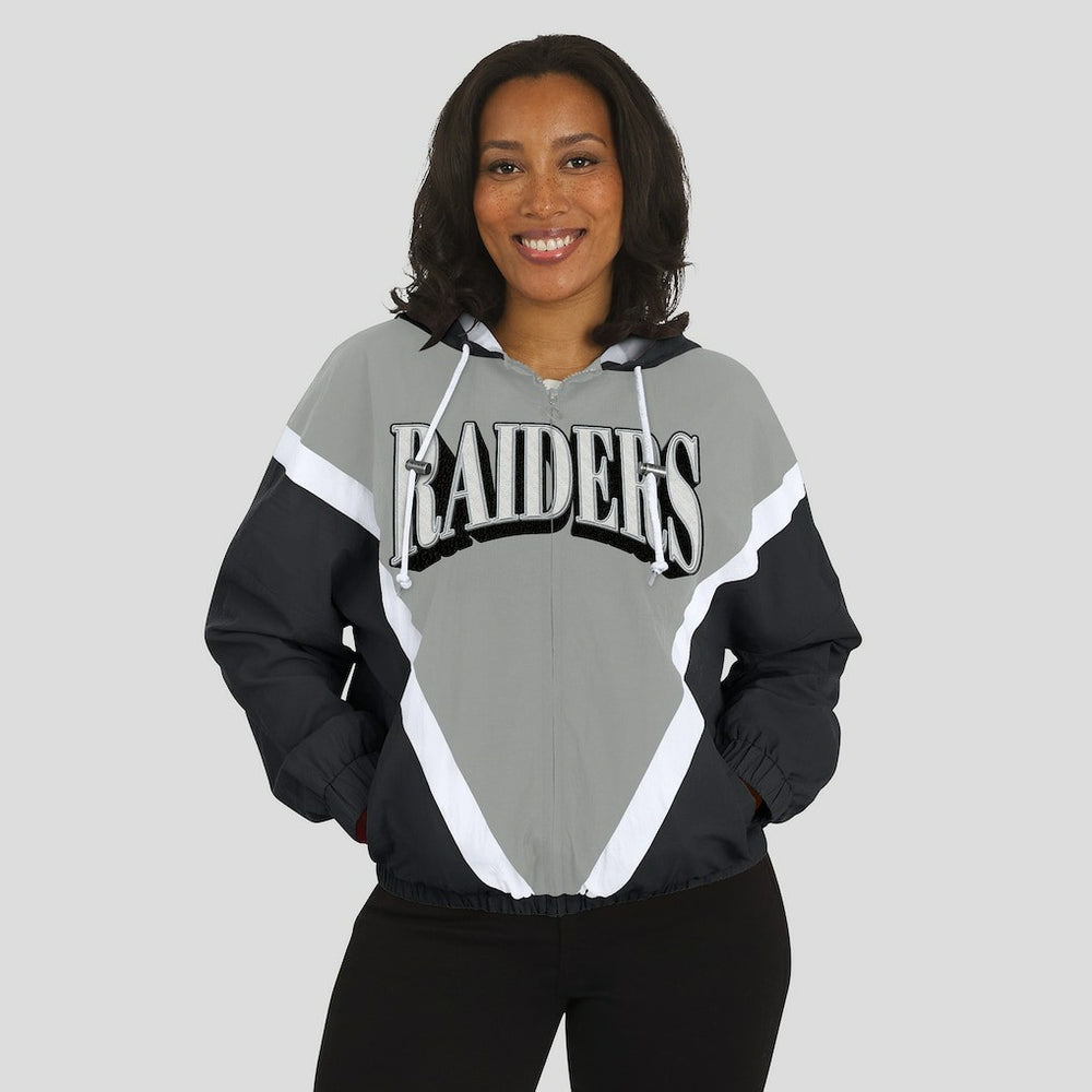 Las Vegas Raiders WEAR by Erin Andrews Women's Retro Crinkle Full-Zip Hoodie Windbreaker Black/Silver - NFL