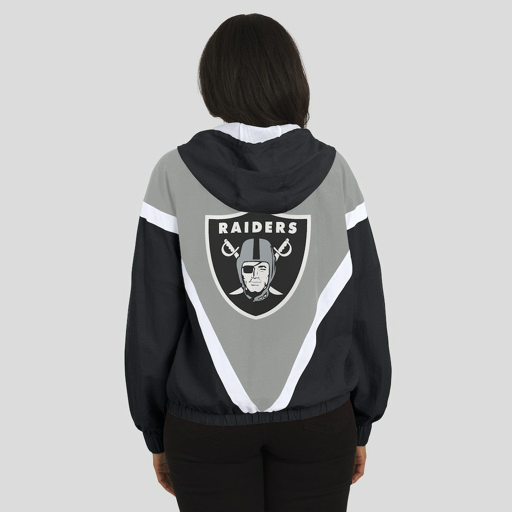 Las Vegas Raiders WEAR by Erin Andrews Women's Retro Crinkle Full-Zip Hoodie Windbreaker Black/Silver - NFL