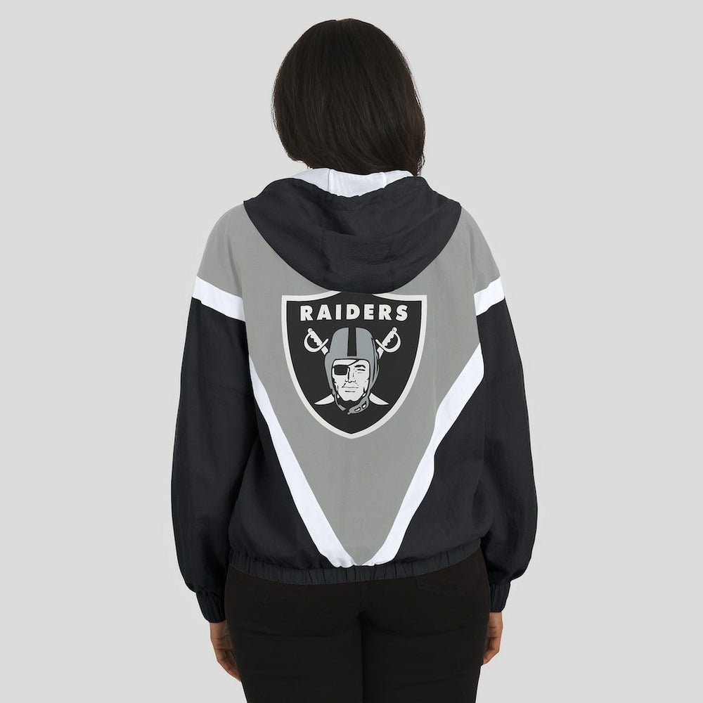 Las Vegas Raiders WEAR by Erin Andrews Women's Retro Crinkle Full-Zip Hoodie Windbreaker Black/Silver - NFL
