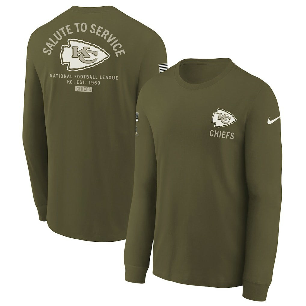 Kansas City Chiefs Youth 2025 Salute to Service Sideline Long Sleeve T-Shirt Olive - Nike