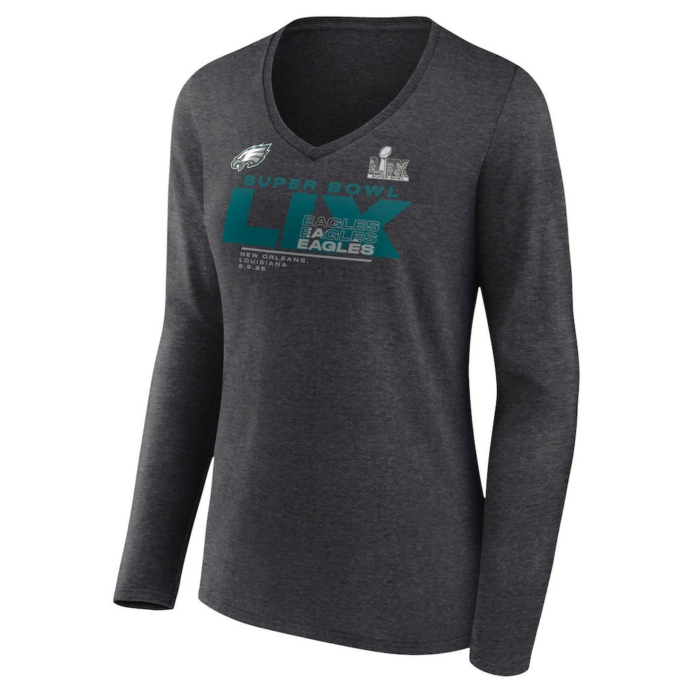 Philadelphia Eagles Women's Super Bowl LIX Quick Pass Long Sleeve V-Neck T-Shirt Heather Charcoal - Fanatics