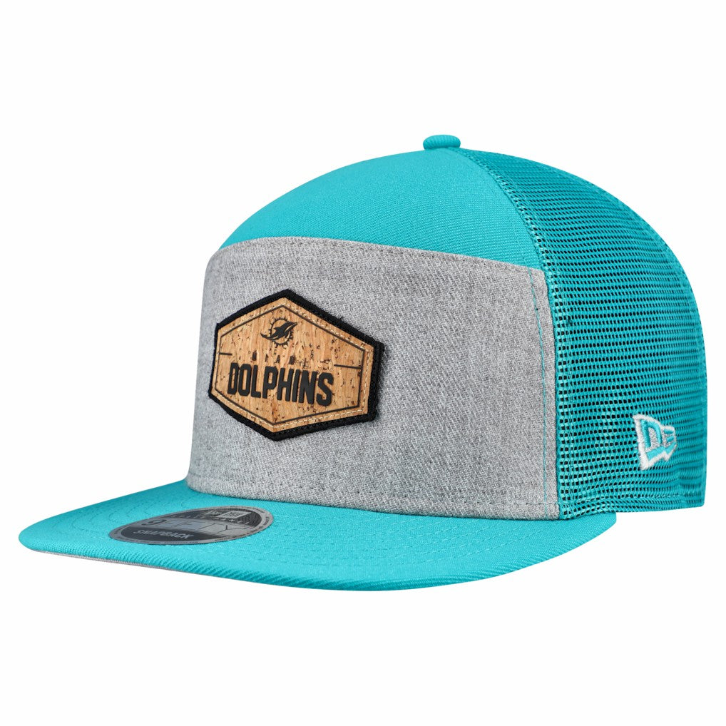 Miami Dolphins New Era Cork Split Panel 9FIFTY Trucker Snapback Hat Gray/Aqua - NFL