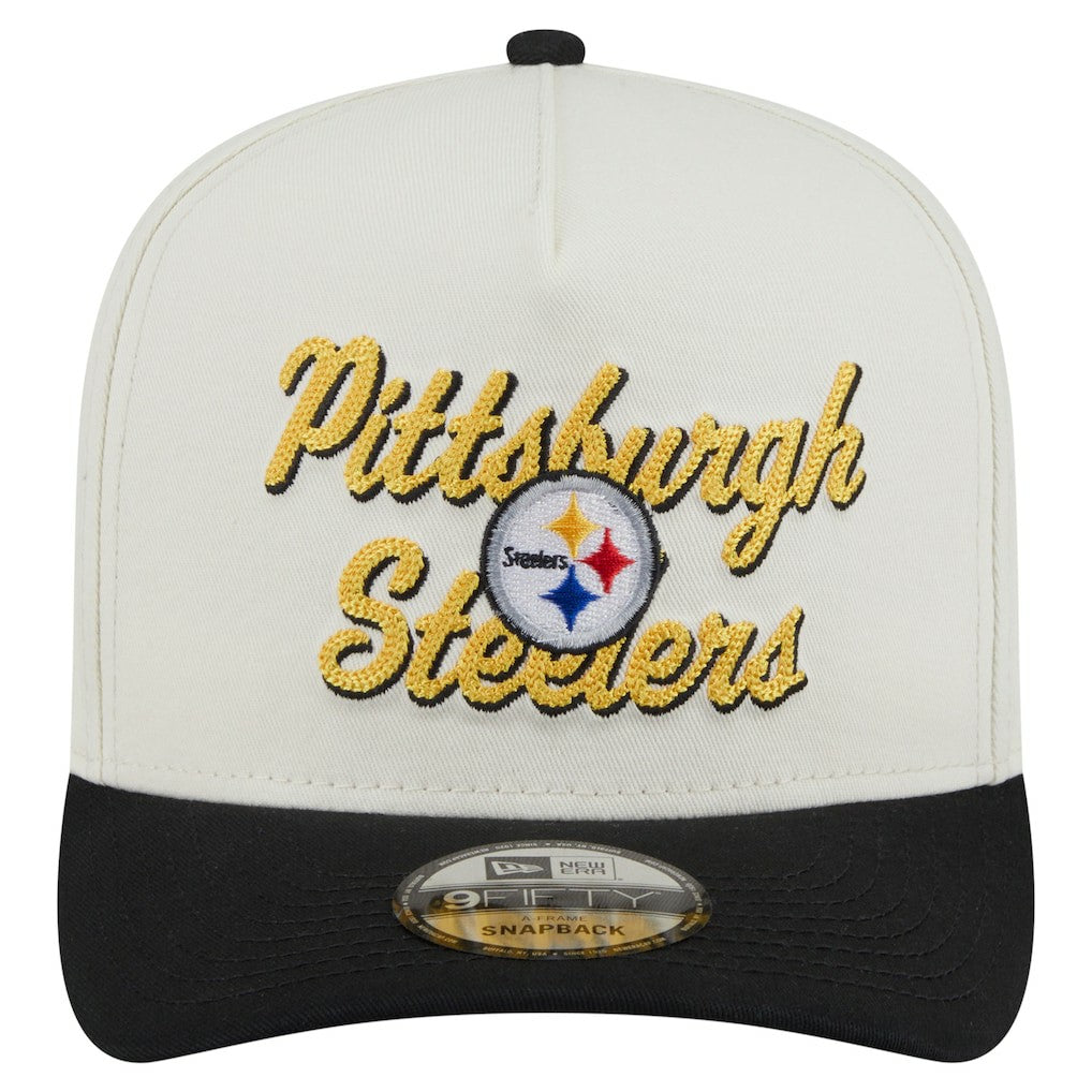 Pittsburgh Steelers New Era Chainstitch A-Frame 9FIFTY Adjustable Hat Cream/Black - NFL