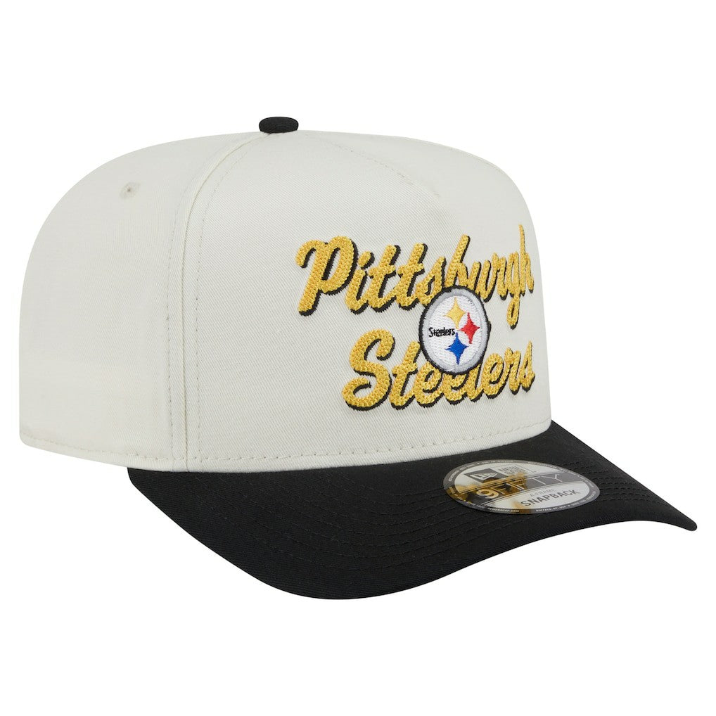 Pittsburgh Steelers New Era Chainstitch A-Frame 9FIFTY Adjustable Hat Cream/Black - NFL