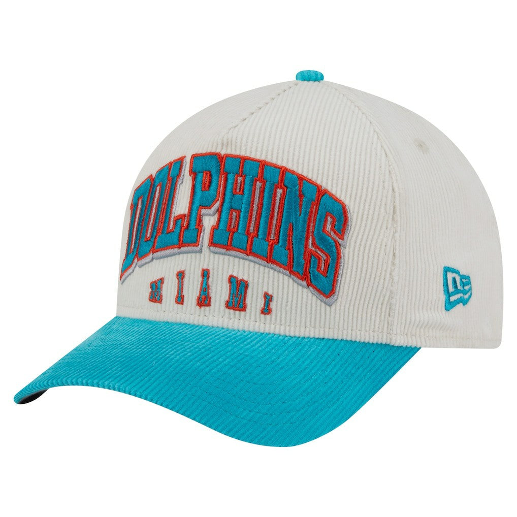 Miami Dolphins New Era Throwback Two-Tone Sided Corduroy 9FORTY A-Frame Adjustable Hat Cream/Aqua - NFL
