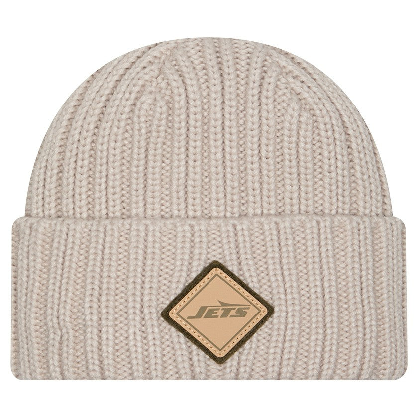 New York Jets New Era Logo Applique Cuffed Knit Hat Light Beige - NFL