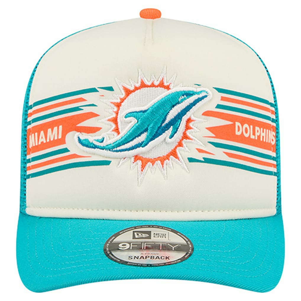 Miami Dolphins New Era Banner A-Frame 9FIFTY Trucker Snapback Hat Cream/Aqua - NFL