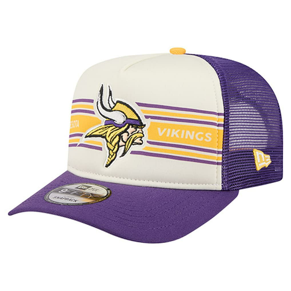 Minnesota Vikings New Era Banner A-Frame 9FIFTY Trucker Snapback Hat Cream/Purple - NFL