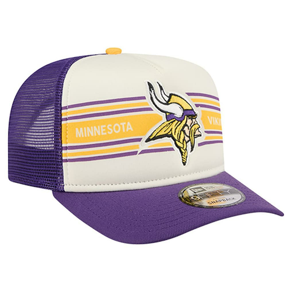 Minnesota Vikings New Era Banner A-Frame 9FIFTY Trucker Snapback Hat Cream/Purple - NFL