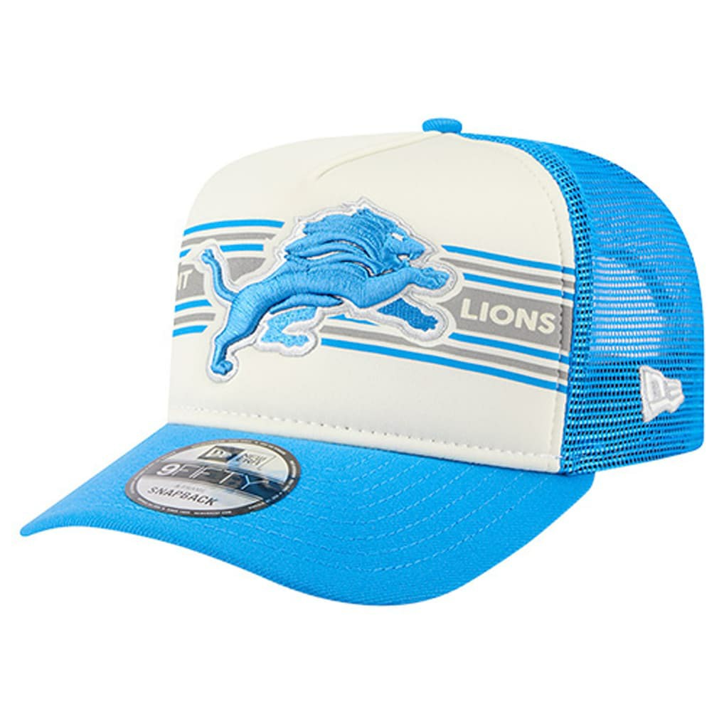Detroit Lions New Era Banner A-Frame 9FIFTY Trucker Snapback Hat Cream/Blue - NFL