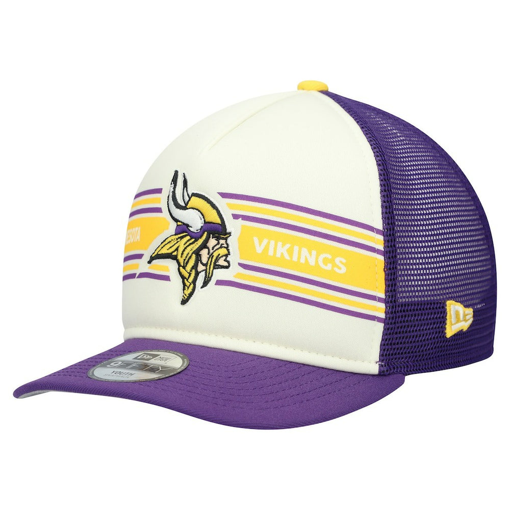Minnesota Vikings New Era Youth Banner 9FIFTY A-Frame Adjustable Trucker Hat Cream/Purple - NFL