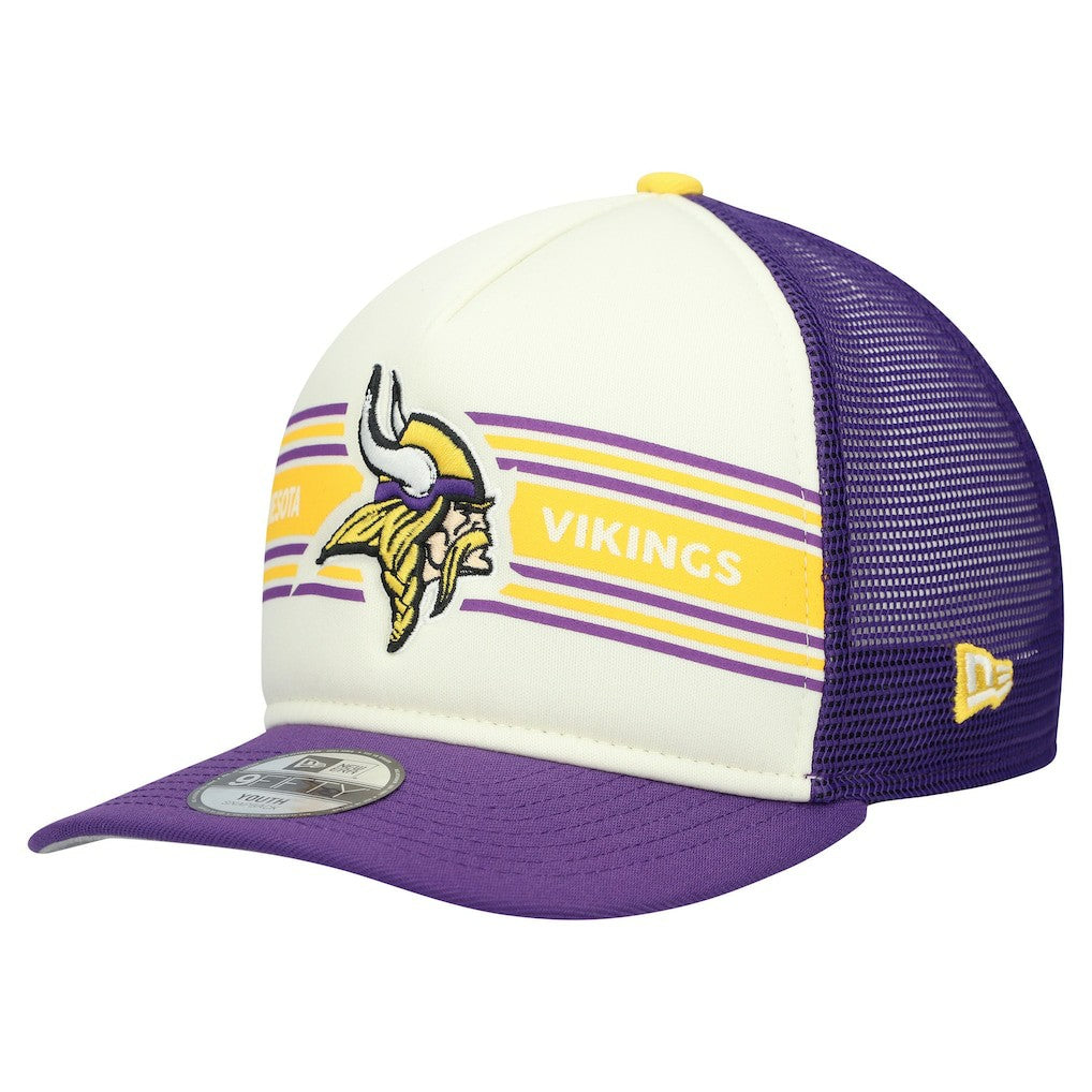 Minnesota Vikings New Era Youth Banner 9FIFTY A-Frame Adjustable Trucker Hat Cream/Purple - NFL