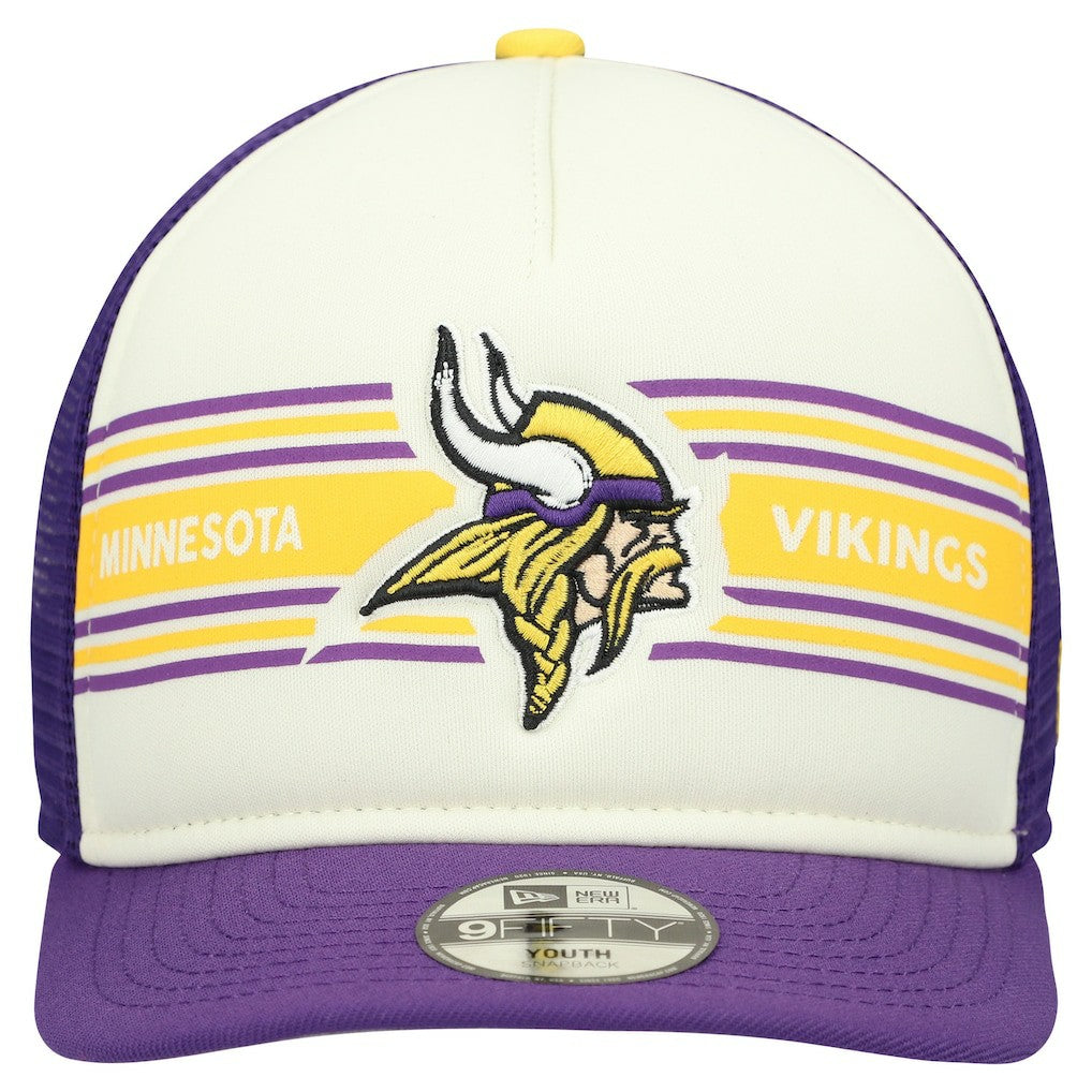 Minnesota Vikings New Era Youth Banner 9FIFTY A-Frame Adjustable Trucker Hat Cream/Purple - NFL
