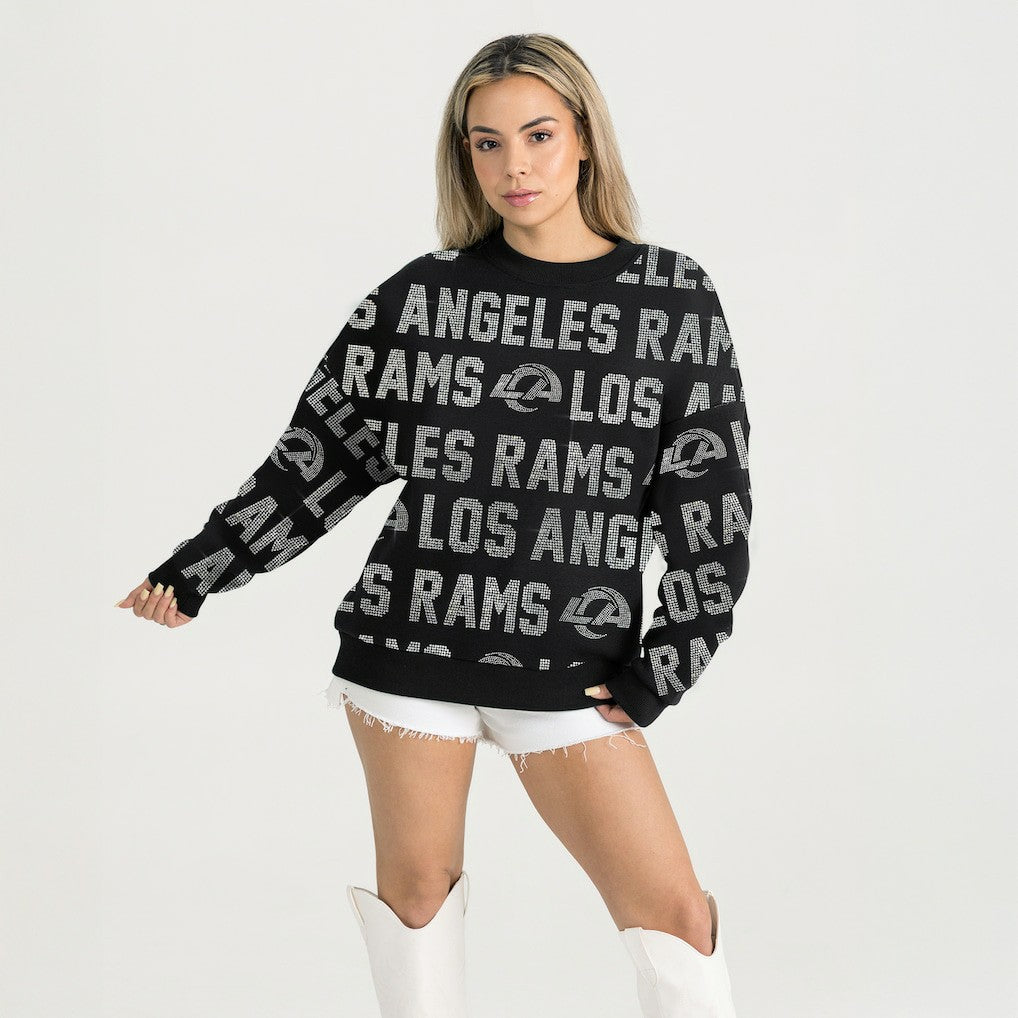 Los Angeles Rams Gameday Couture Women's Oversized Hype Era Rhinestone Text Sweatshirt Black - NFL