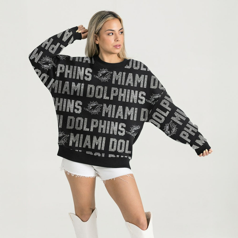 Miami Dolphins Gameday Couture Women's Oversized Hype Era Rhinestone Text Sweatshirt Black - NFL