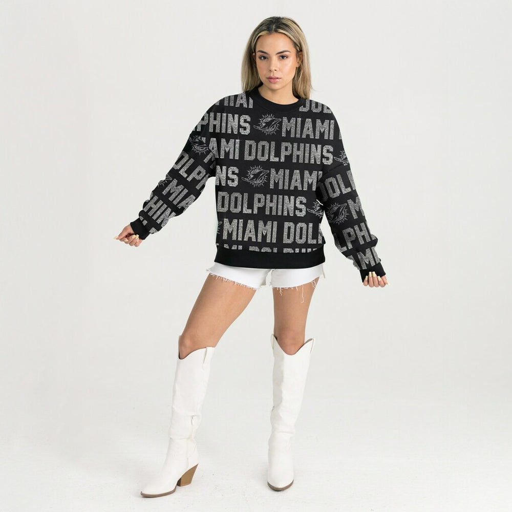 Miami Dolphins Gameday Couture Women's Oversized Hype Era Rhinestone Text Sweatshirt Black - NFL