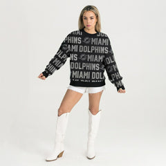 Miami Dolphins Gameday Couture Women's Oversized Hype Era Rhinestone Text Sweatshirt Black - NFL