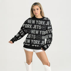 New York Jets Gameday Couture Women's Oversized Hype Era Rhinestone Text Sweatshirt Black - NFL