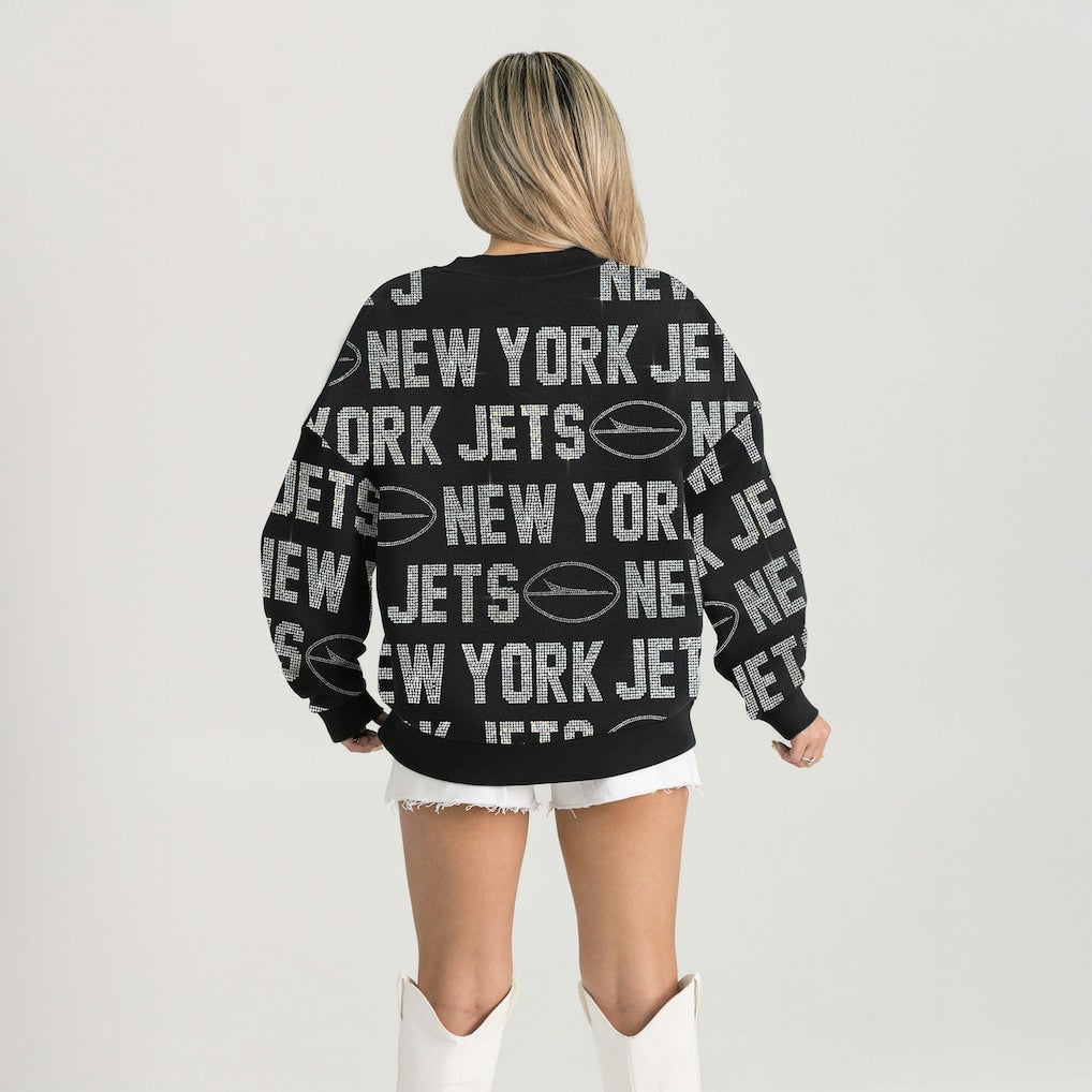 New York Jets Gameday Couture Women's Oversized Hype Era Rhinestone Text Sweatshirt Black - NFL