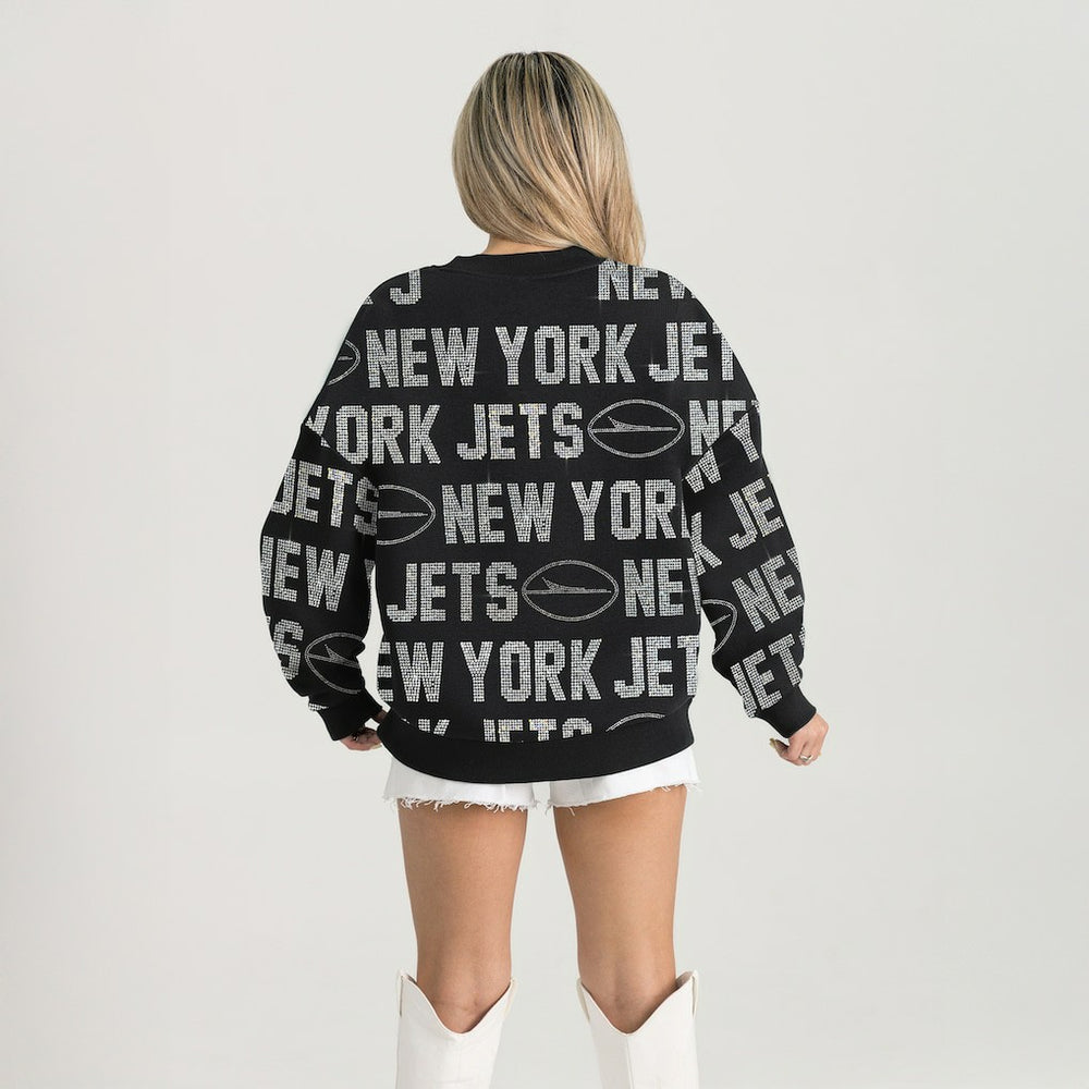 New York Jets Gameday Couture Women's Oversized Hype Era Rhinestone Text Sweatshirt Black - NFL