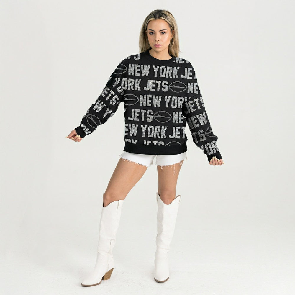 New York Jets Gameday Couture Women's Oversized Hype Era Rhinestone Text Sweatshirt Black - NFL