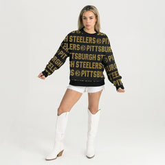 Pittsburgh Steelers Gameday Couture Women's Oversized Hype Era Rhinestone Text Sweatshirt Black - NFL