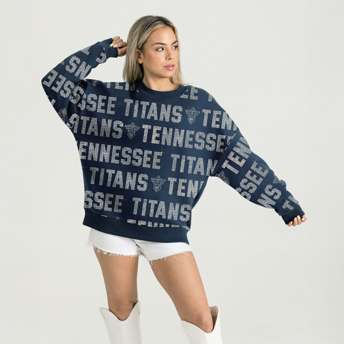 Tennessee Titans Gameday Couture Women's Oversized Hype Era Rhinestone Text Sweatshirt Navy - NFL