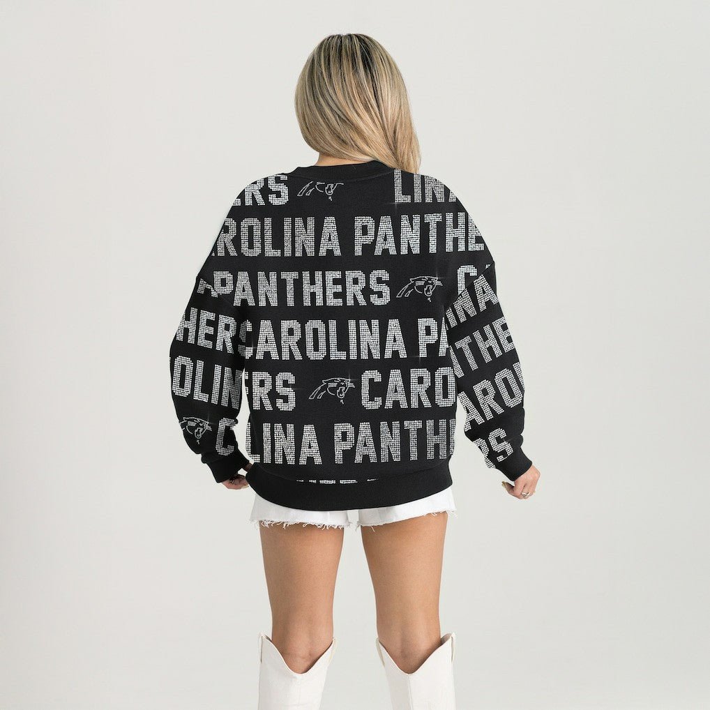 Carolina Panthers Gameday Couture Women's Oversized Hype Era Rhinestone Text Sweatshirt Black - NFL