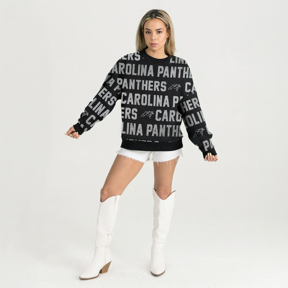 Carolina Panthers Gameday Couture Women's Oversized Hype Era Rhinestone Text Sweatshirt Black - NFL
