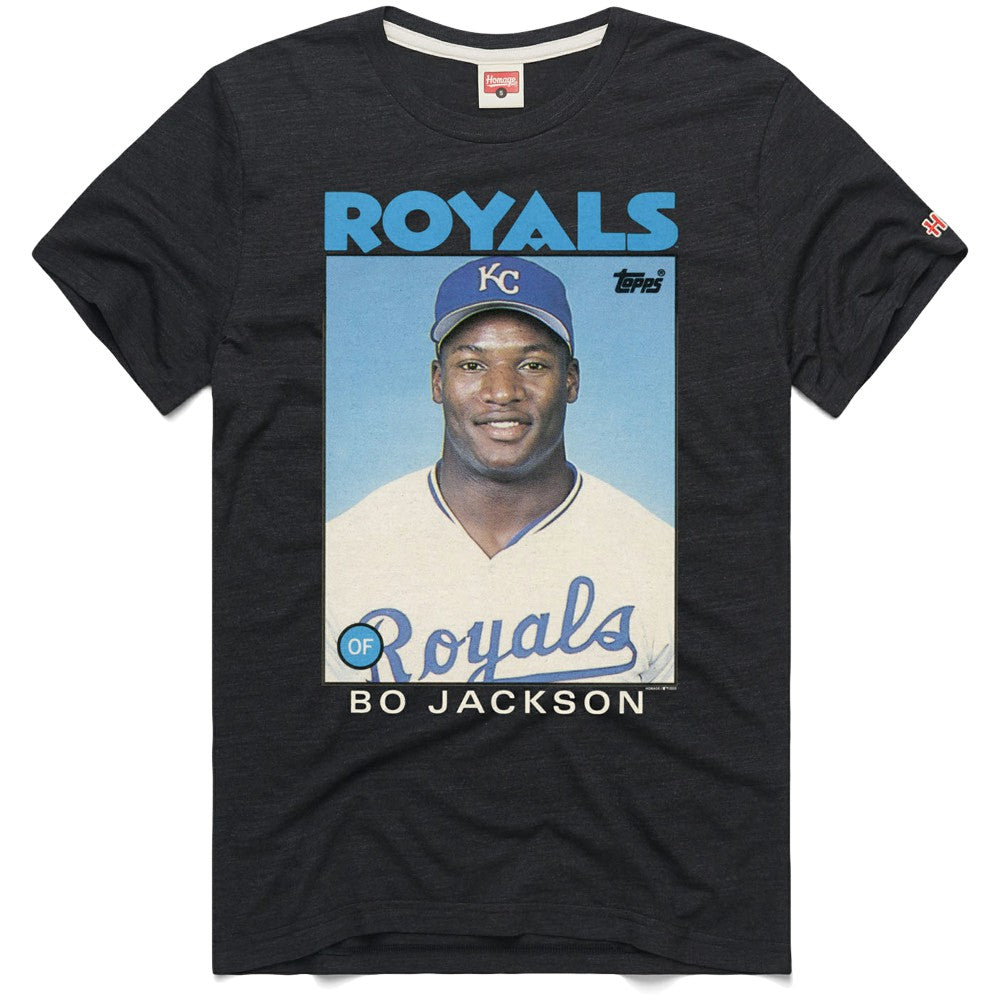 Bo Jackson Kansas City Royals Homage 1986 Topps Baseball Card Player T-Shirt Clearance