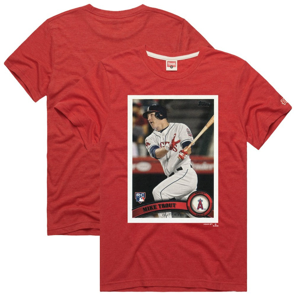 Mike Trout Los Angeles Angels Homage 2011 Topps Baseball Card Player T-Shirt Lifestyle